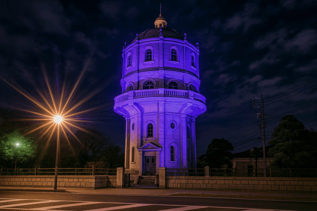 現在の画像: 水戸市水道低区配水塔ライトアップ